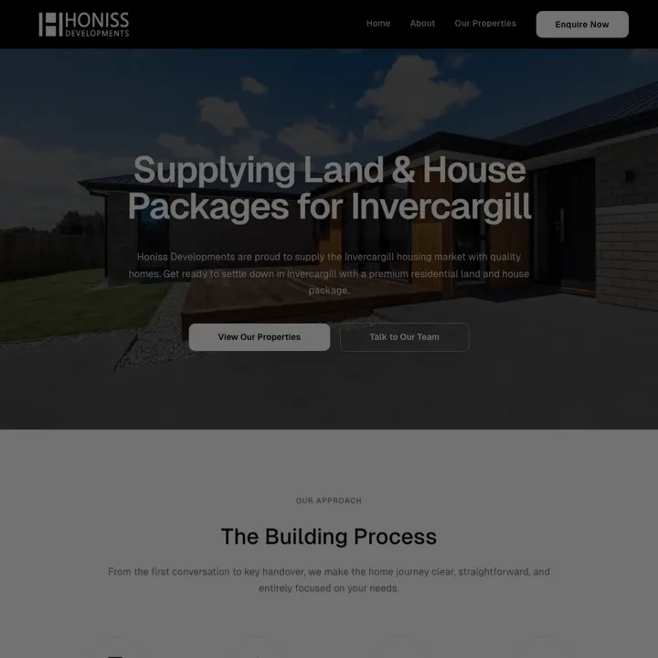 Screenshot of the Honiss Developments website homepage.
